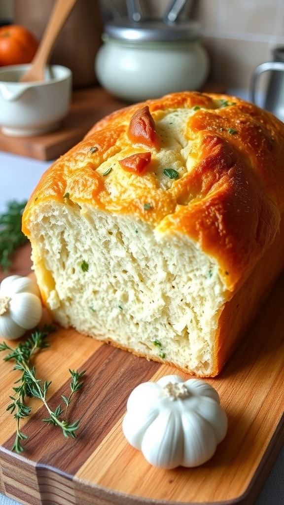 Garlic and Herb Dutch Oven Bread Recipe A golden crusted garlic and herb Dutch oven bread on a wooden board with fresh herbs and garlic.